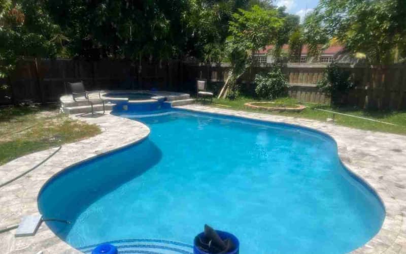 A backyard pool with a curved edge, a raised spa and grey stone paving, with the top of a blue bucket at the front edge